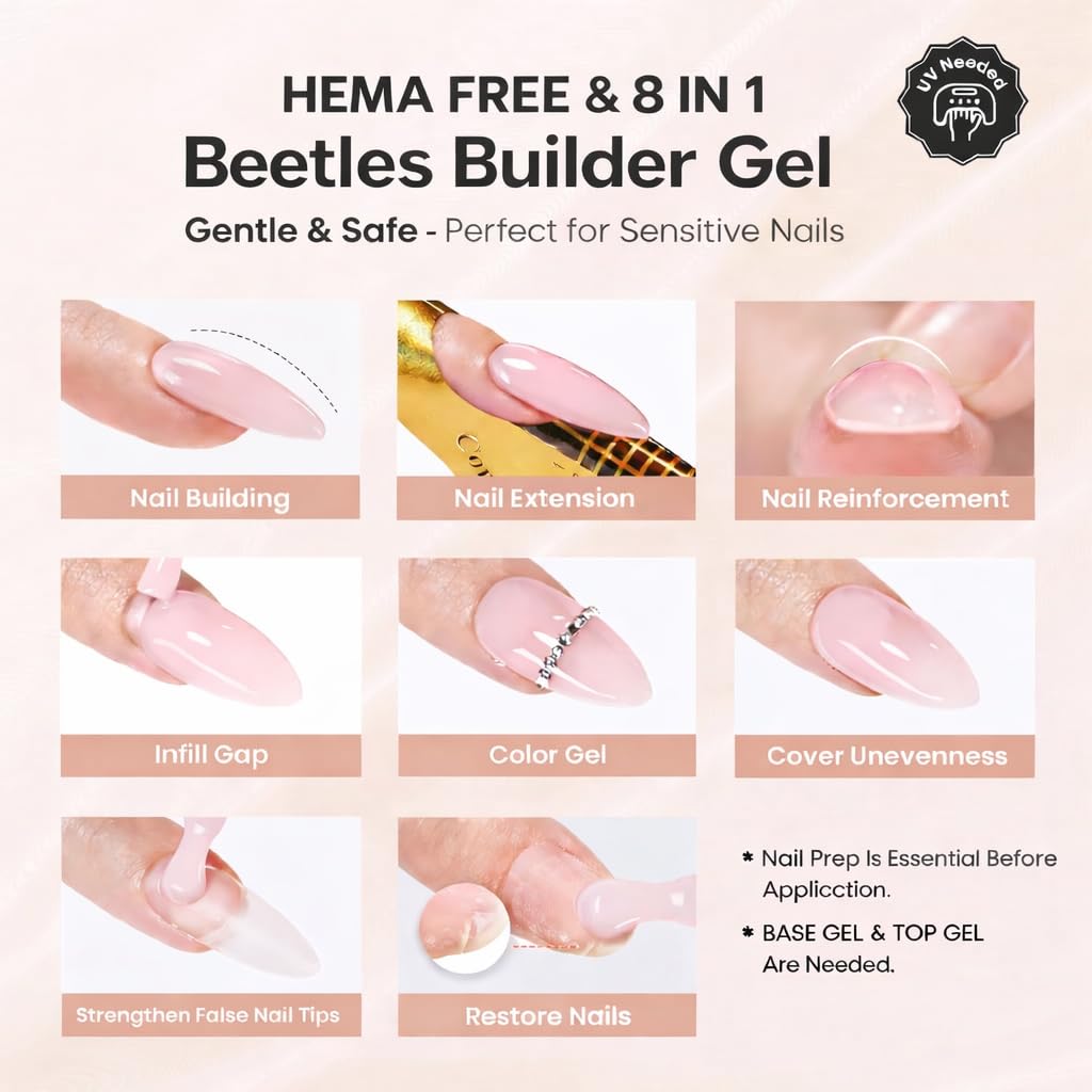 Beetles Builder Gel Nails Kit HEMA Free & Handheld Nail Lamp,8 in 1 Clear Natural Nude Building Gel with Base & Top Coat,for Nail Thickening Strengthening Building Apex for Beginner DIY Salon at Home