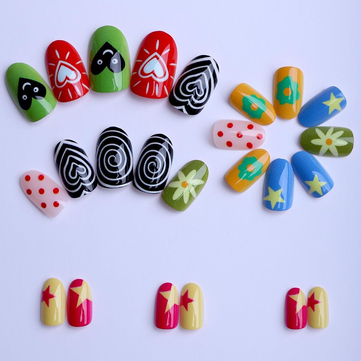 plalely Almond Press on Nails Short Colorful Fake NailY2k Style Daisy Acrylic Nail Press ons Polka dot Stick on Nails for Women 24pcs
