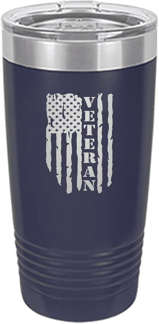 Rogue River Tactical USA Flag Veteran 20 Oz. Travel Tumbler Mug Cup w/Lid Vacuum Insulated Hot or Cold Military Vet Gift (Blue)