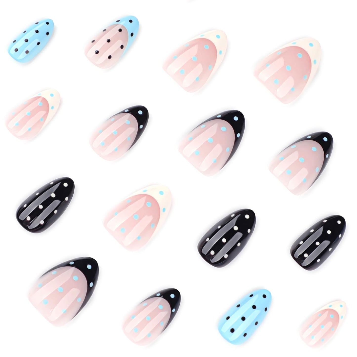 24PCS Soft Gel Press On Nails Almond Polka Dot Nude Blue Black Glossy, Reusable Glue On Fake Nails Acrylic Look False Nails for Women