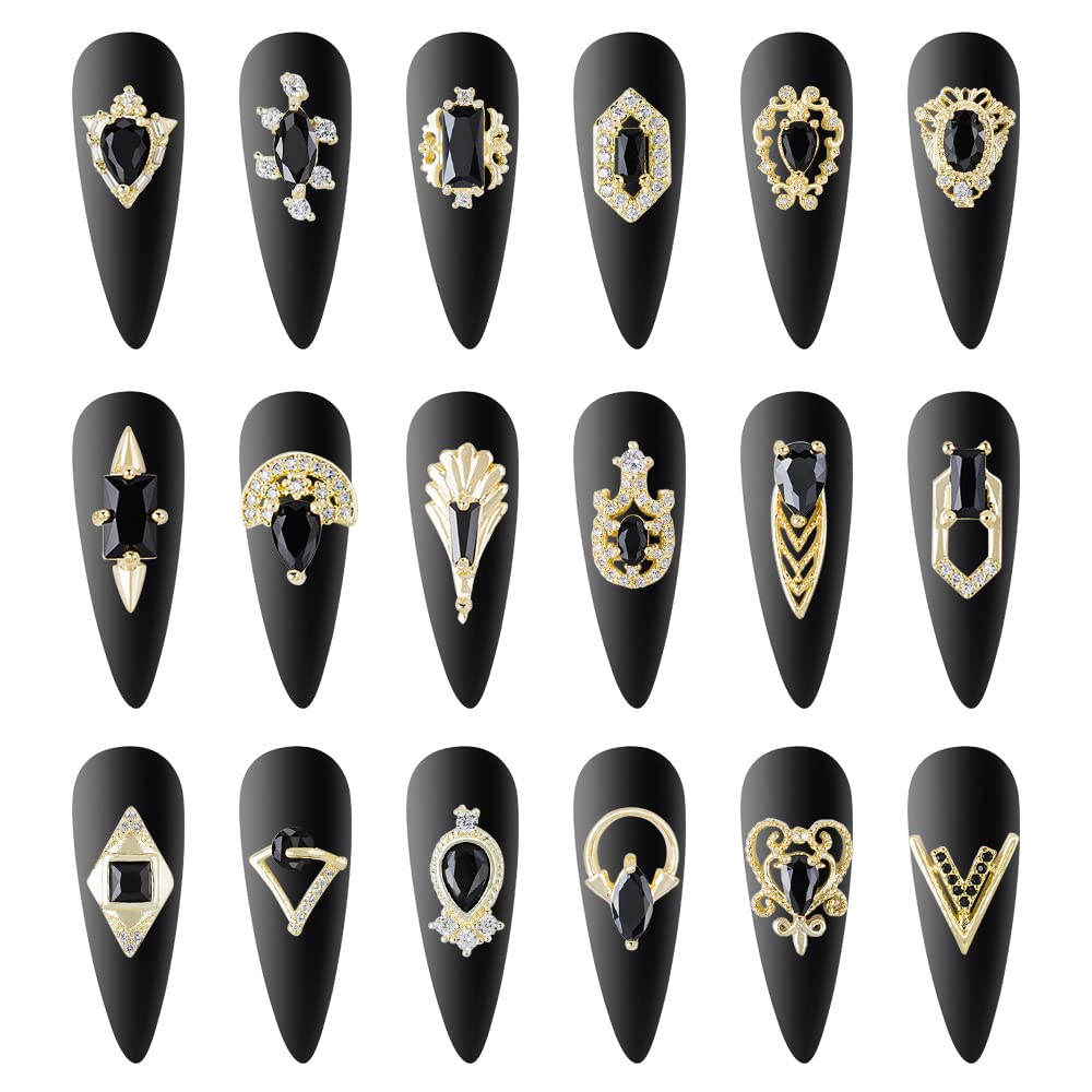 HNUIX Nail Charms and Gems - Gold Copper Zircon, Multiple Shapes, Metal BlackJewelry Rhinestones Charms, 18 Pieces