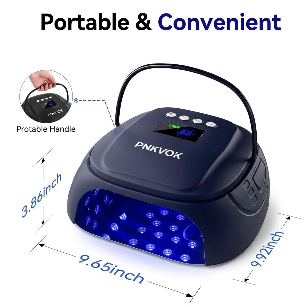 PNKVOK 126W Rechargeable UV LED Nail Lamp, Nail Dryer for Gel Polish UV Light for Nails Handle and Foot Rest, Fast Curing Gel Nail Dryer with 4 Timers for Salon and Home (Black)