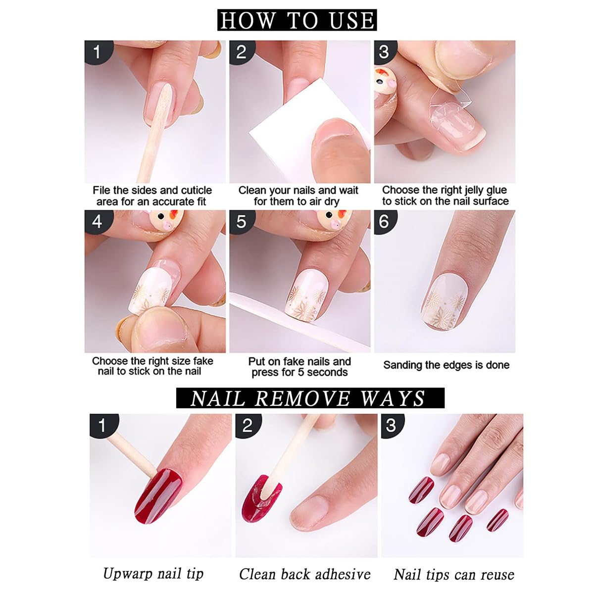 French Tip Press on Nails Medium Almond 3D Summer Flower Fake Nails with Glue Gold Beads Stick on Nails Full Cover Brown Glossy Acrylic False Nails for Women DIY Manicure Decoration 24PCS