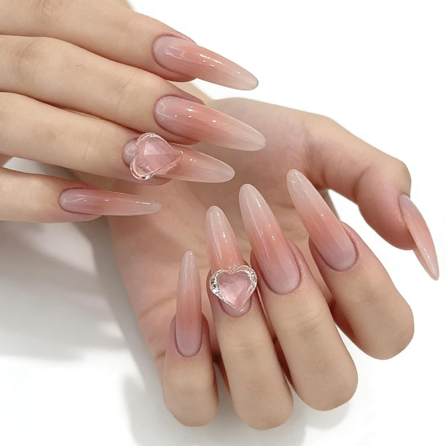 C.Z.Z.T.T.NAILS Press On Nails with 3d Heart Diamonds - Nude Pink Fake Nails,Long Almond-Shaped False Nails,Perfect Fake Nails for Women, 30pcs with Jelly Glue