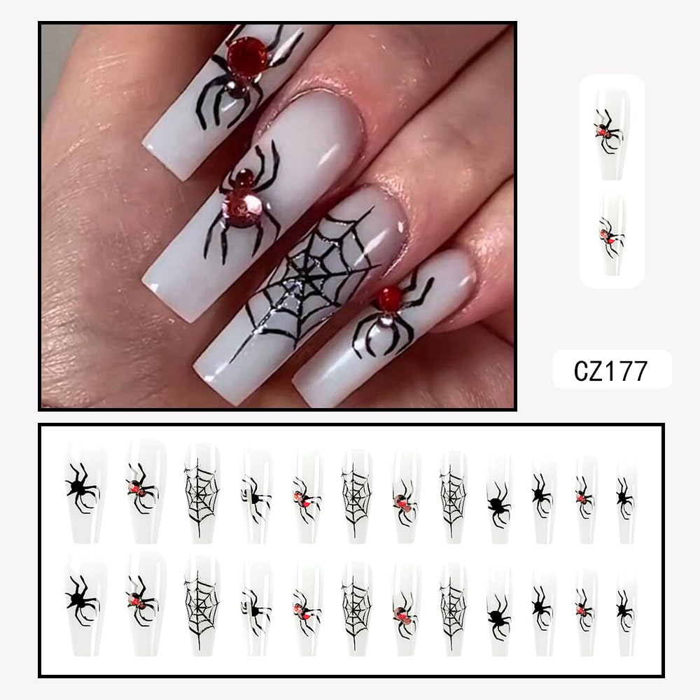 Halloween Press on Nails Long Square Fake Nails White False Nails with Design Spider Web Red Diamond Stick on Nails Coffin Acrylic Press ons for Women Girls Manicure 24 Pcs