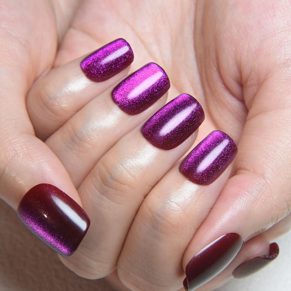 evpct Purple Pink Cat Eye Extra Short Square Press on Nail, Petite Short Square Stick on Nails for Women, Purple Pink Glossy Holographic Fake Nails Reusable Gel Press on Acrylic Fake Nail with Designs
