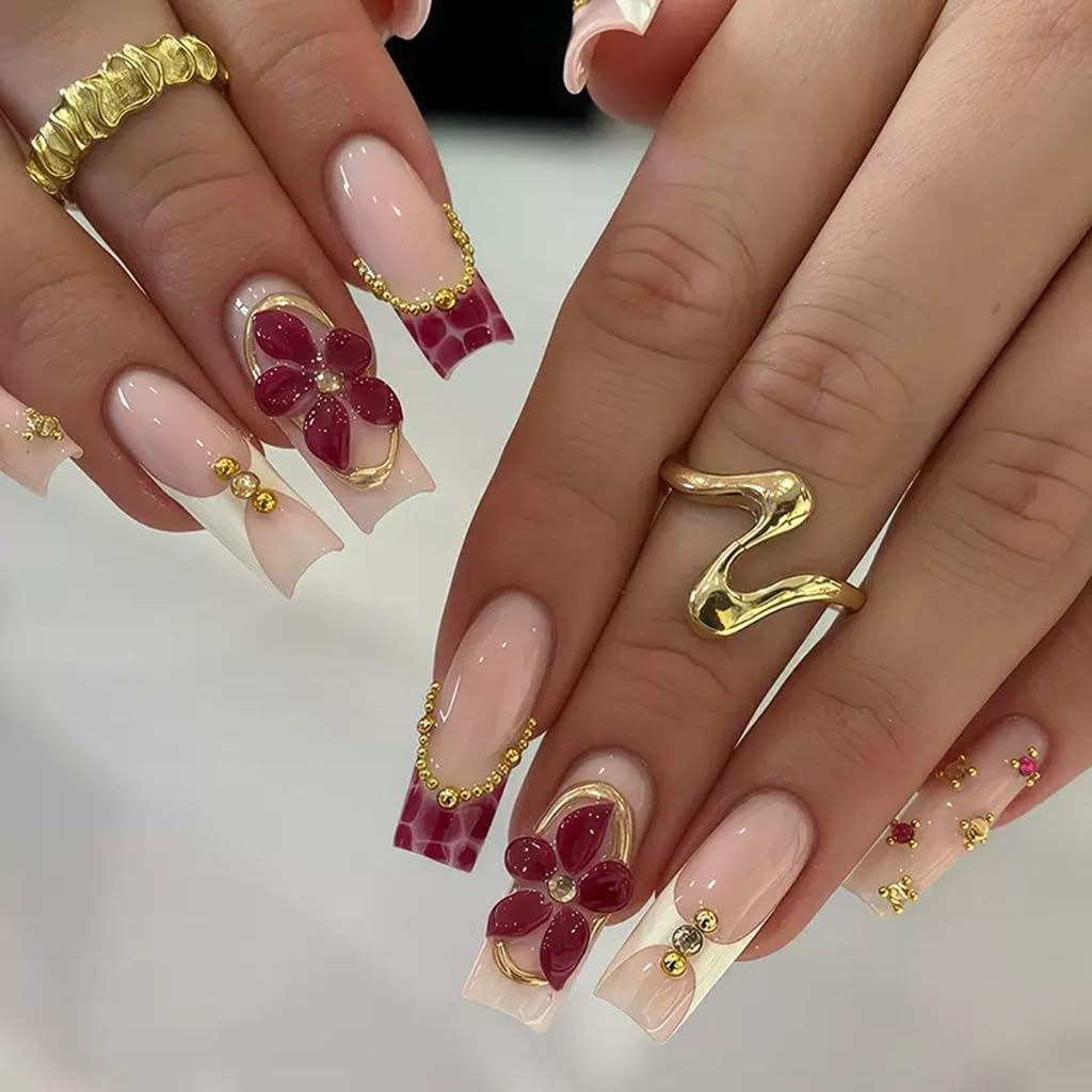 Long Coffin Press on Nails - Flower Fake Nails with Gold Line Design - Rhinestone, Elegant Full Cover Stick on False Nails for Women 24 Pcs