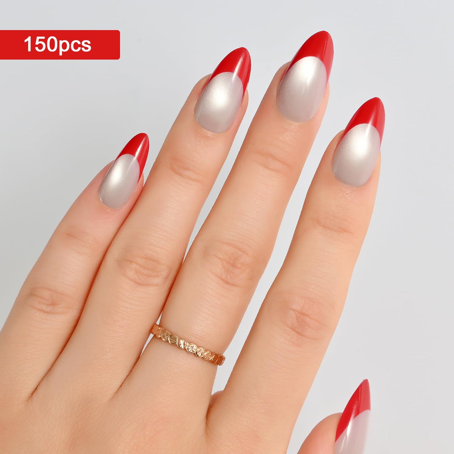 Jellyqueen Red French Cat Eye Press on Fake Nail Tips, 150Pcs Almond Nail Tips kit, Fake Nails for Nail Art DIY 15 Sizes (A18-03-01)