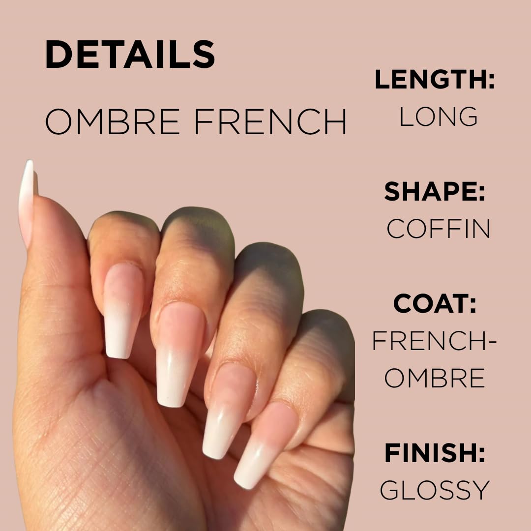 OMBRÉ FRENCH Press-On Nails by Lavaa Beauty | Long Coffin | Glossy French Ombré Coffin Nails