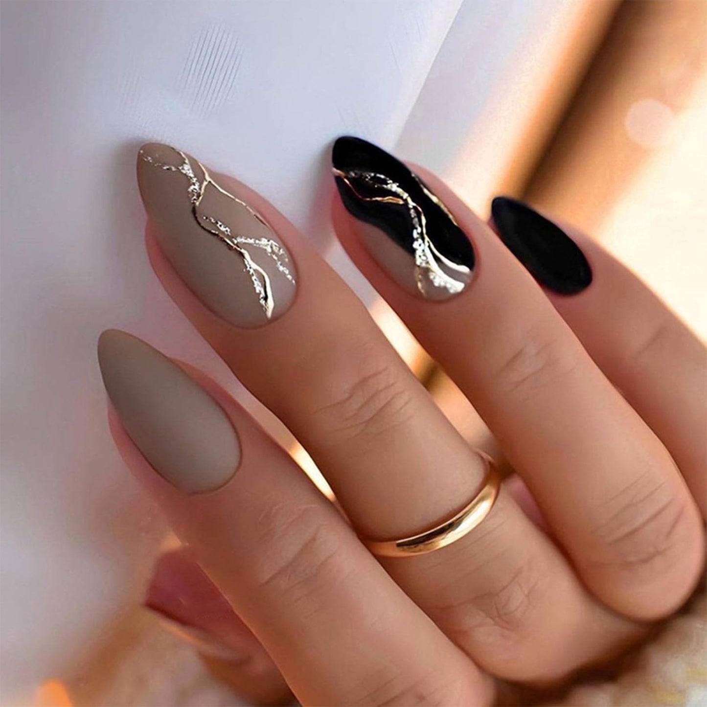 FJSMTOPl Almond Press on Nails Medium Fake Nails with Designs Grey Black False Nails Press ons Gold Foil Matte Acrylic Glue on Nails Artificial Stick on for Women Decorations 24Pcs