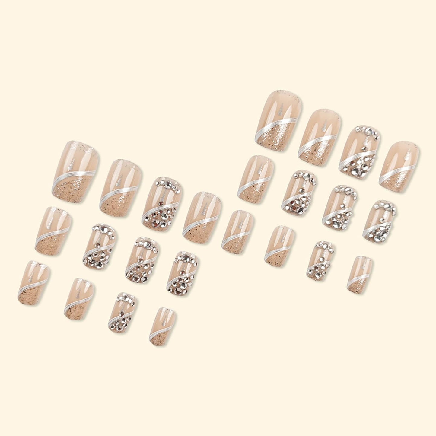 Press on Nails Medium Square Fake Nails Glitter French Acrylic False Nails with Designs Rhinestones Nails Press ons Full Cover Artificial Glue on Nail Natural Stick on Nail for Women 24Pcs