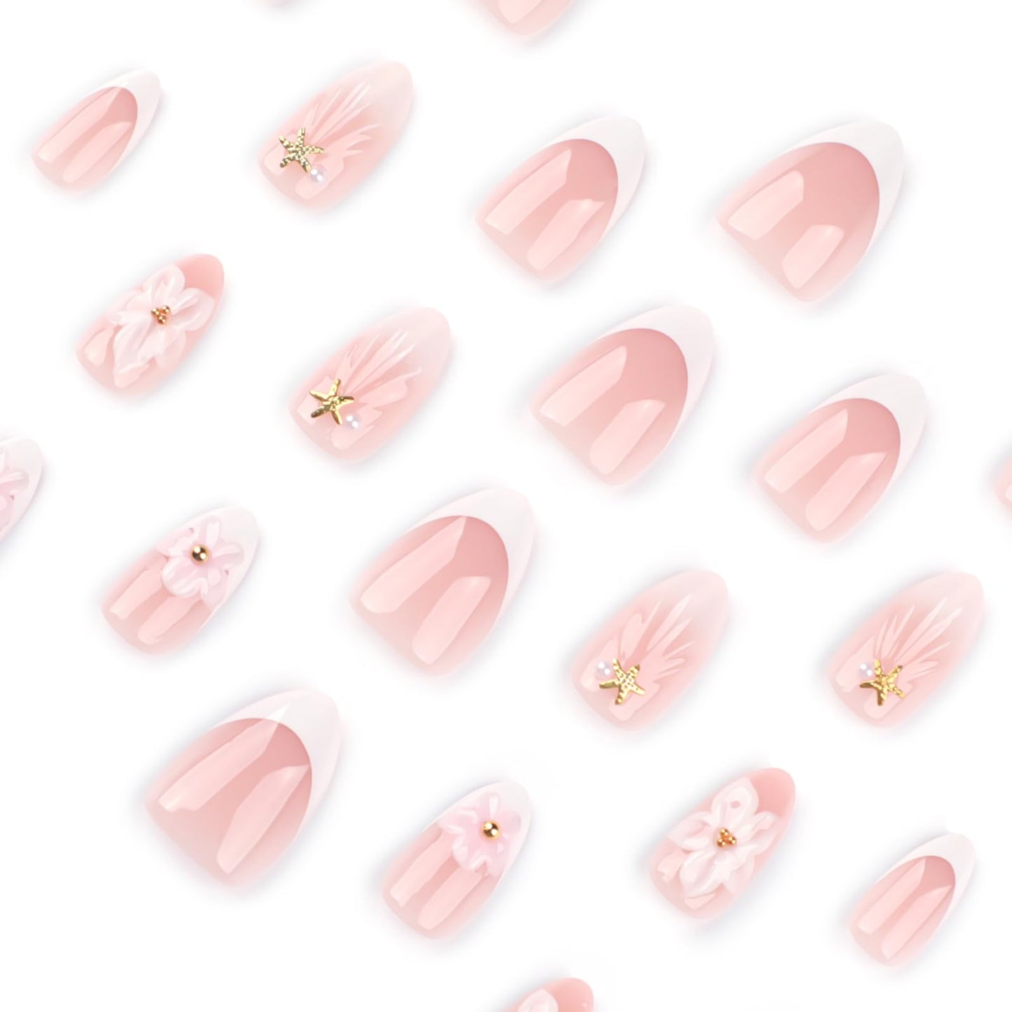 Mivota White Flower Press On Nails short, 24pcs Almond French Fake Nails with 3D Floral Design, Pearl & Starfish Decor, Glossy Nude Acrylic Stick On Nails Kit for Women Girls Manicure