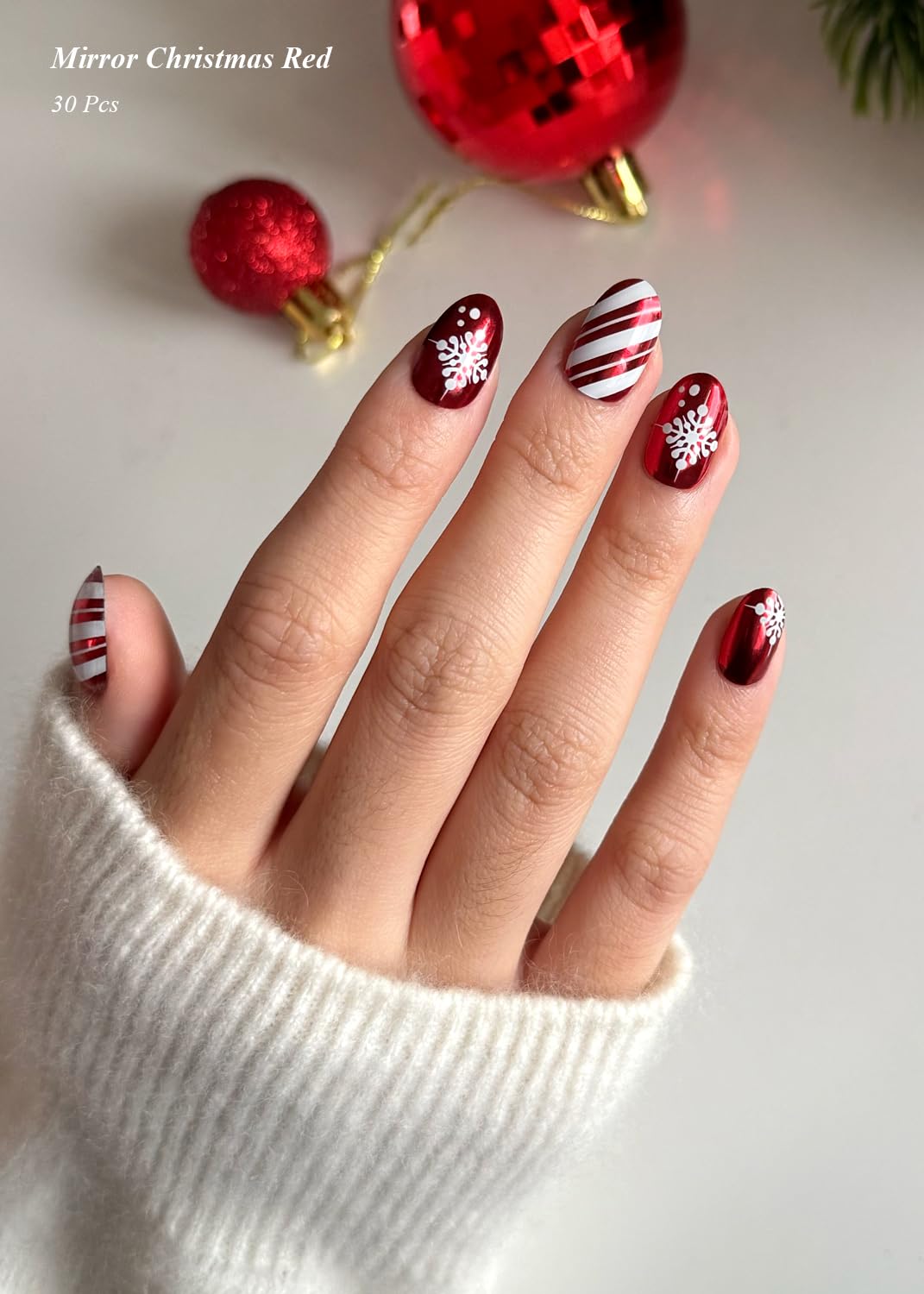 AutyaMee Semi Cured Gel Nail Strips (Mirror Christmas Red), Chrome, 30 Pcs Gel Nail Wraps, Stickers, Long Lasting, Works with Any UV Lamps