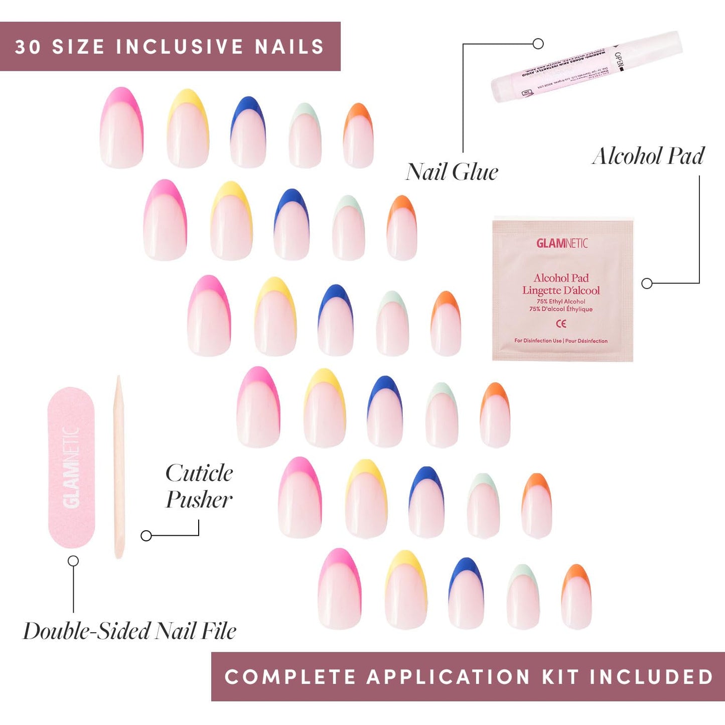 Glamnetic Press-On Nails Bundle - Sprinkles, Wild Card & Caviar | Glossy Rainbow French Tip Fake Nails | Semi-Transparent Trendy Pastel Nails | Short Almond Black French Tips