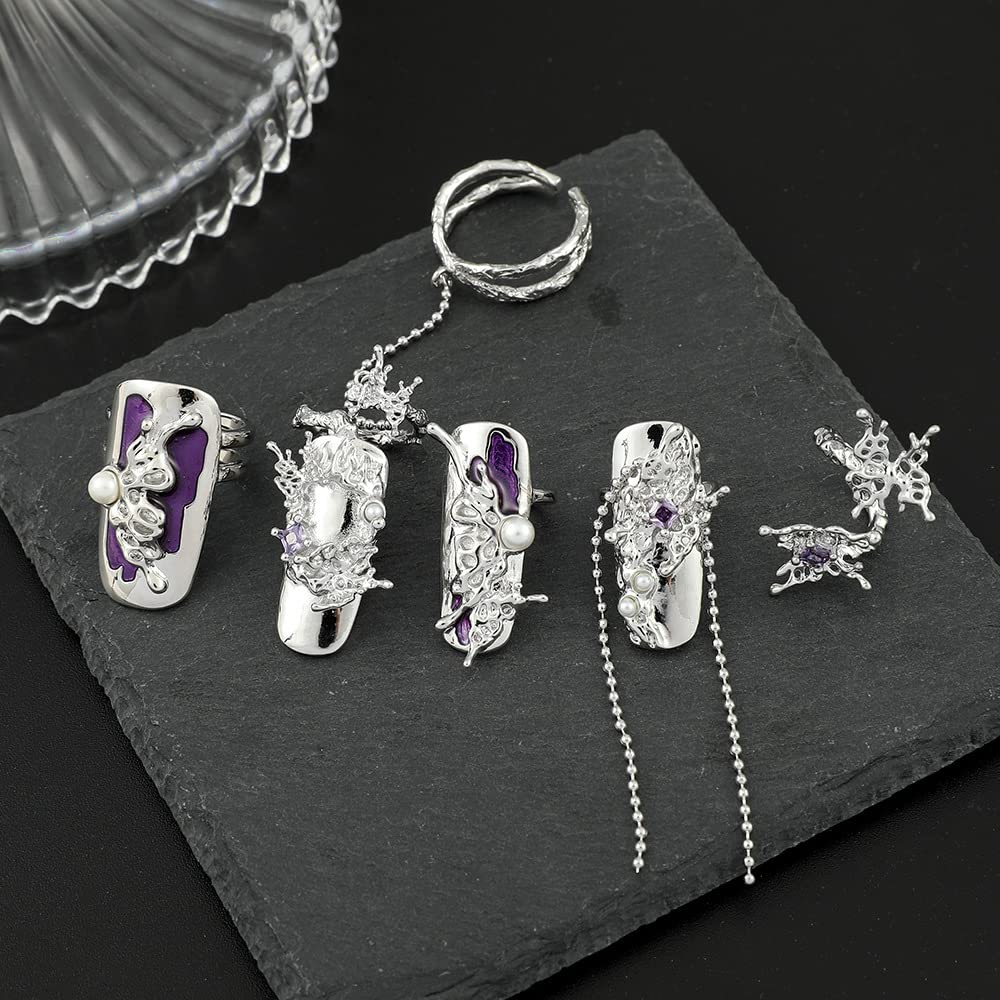 JZSMY 10Pcs Finger Tip Nail Rings for Women, Adjustable Open Circle Nail Art Charms Accessories, Irregular Fingertip Nail Armor Ring Punk Jewelry Set (Purple)
