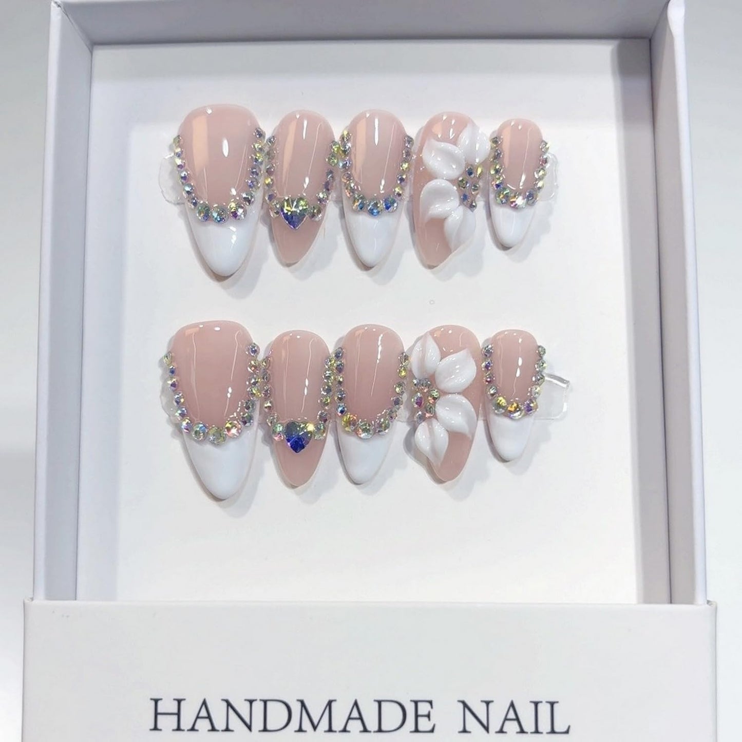 10 Pcs Flower Handmade Press on Nails Almond Shape Luxury Medium Hand Made Nails with Design Flower Artificial Stick on Nails French Tip False Nail for Women (M)