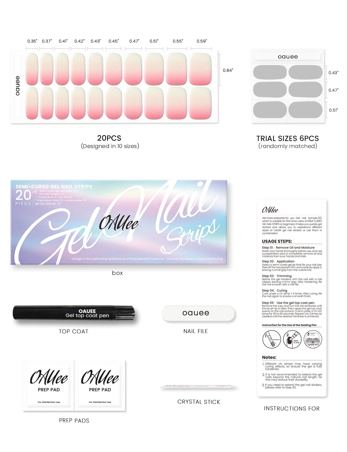 Oauee Semi Cured Gel Nail Strips | Built-In Gel Top Coat | UV Light Required | Salon Quality, Easy Application And Removal (Champagne Glimmer）