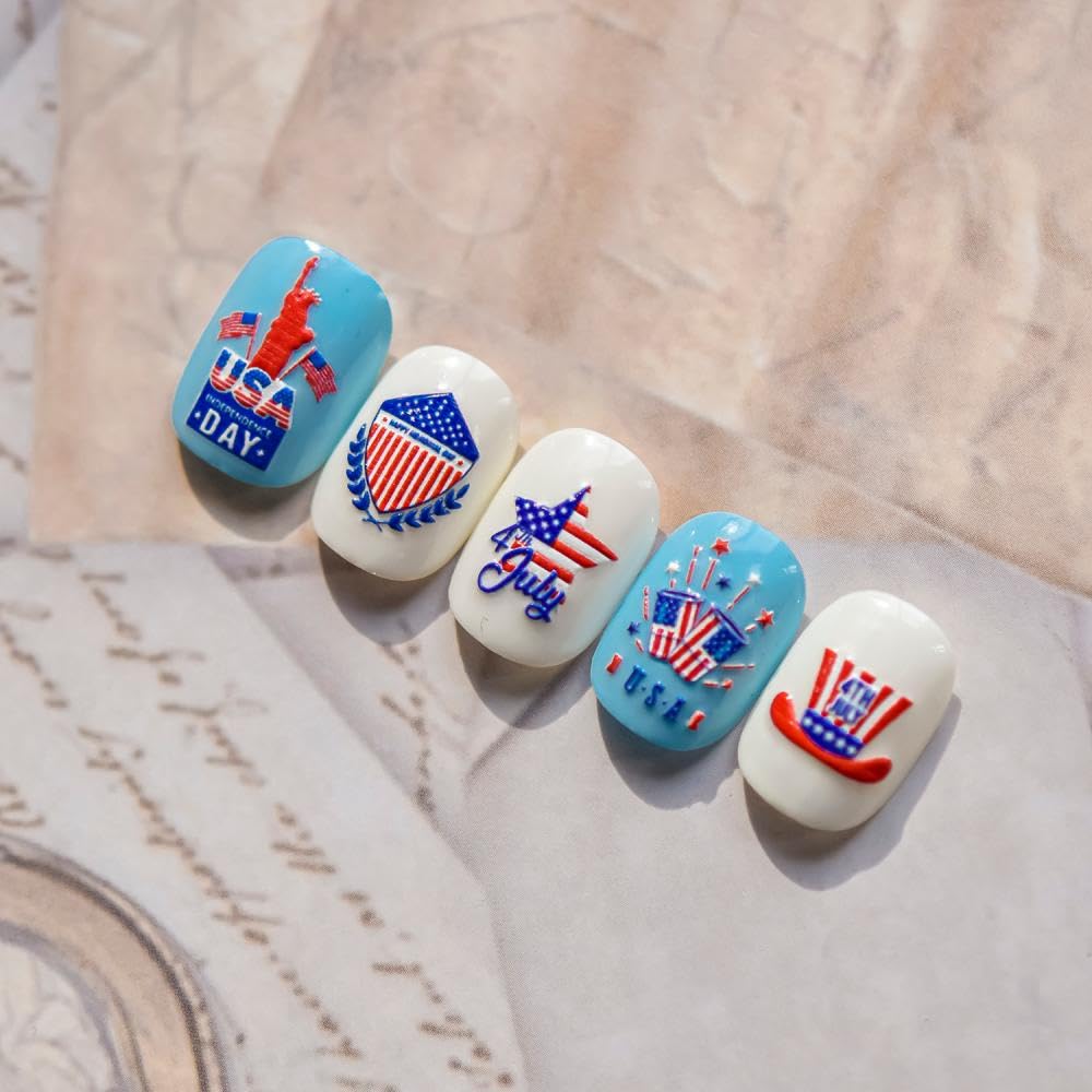 Independence Day Nail Stickers 5D Embossed Red Blue Star Summer Nail Decals Self-Adhesive Peace Dove Uncle Sam Hat Nail Designs 4th of July Nails Art Decoration for Women Manicure 1 Sheet