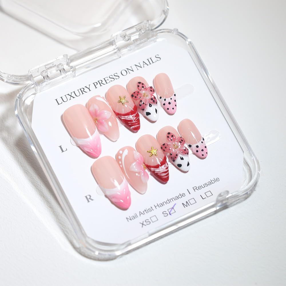 10 Almond Handmade Press - On Nails | 3D Floral, Starfish & Polka Dot Design, Pink & Red Accents | Skip Salon Trips,Reusable & Easy to Apply (25910, XS)