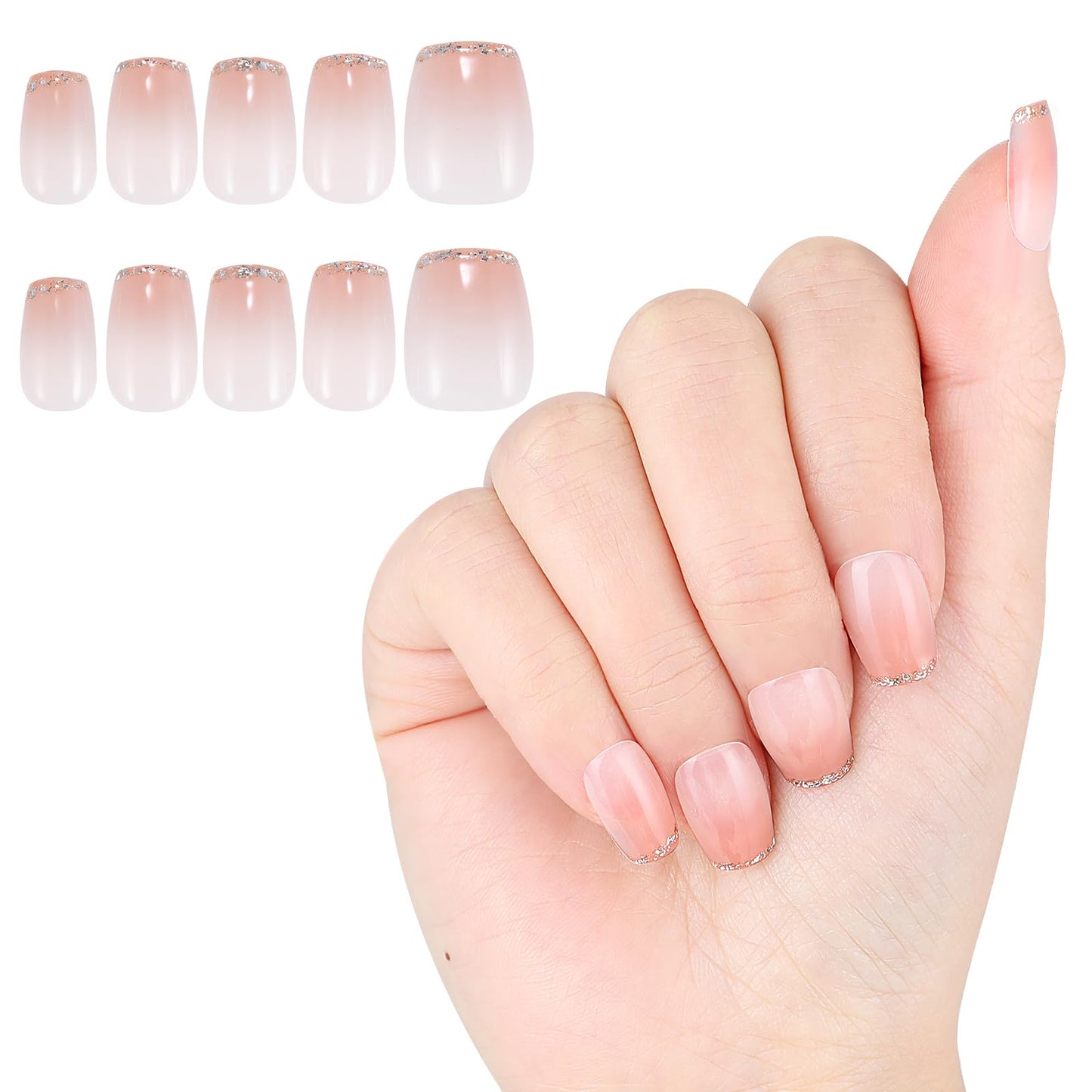 Yacey Handmade Press on Nails Short Square, Reusable False Nails Press Ons, Pink Blush French Tip Thick Acrylic Fake Nails, 3D Artificial Bling Glossy Glue on Nails for Women Girls (10 Pcs, M)