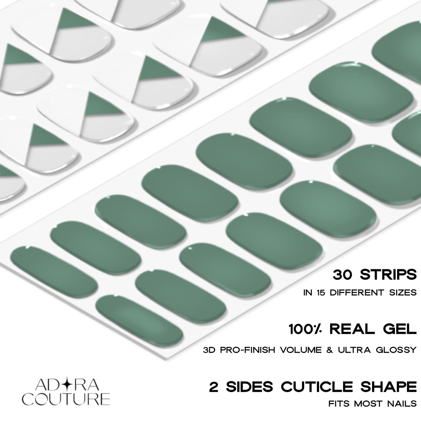 Adora Couture Semi-Cured Gel Nail Strips - 30 Salon-Quality Stickers with UV Light Required, Long Lasting, Easy Application & Removal, Includes Prep Pads, Nail File, Wooden Stick (Green French)