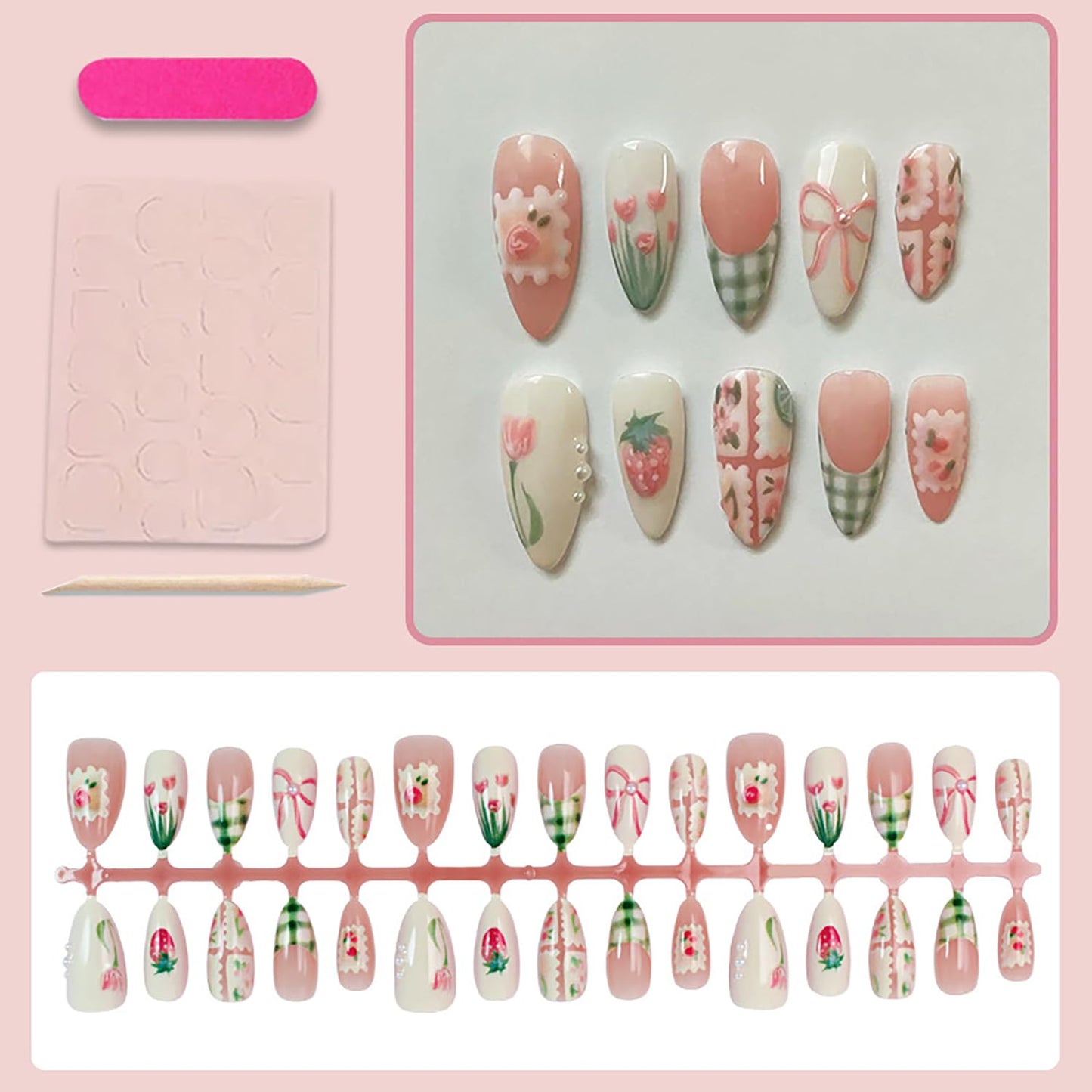 30Pcs Spring Press on Nails Medium Almond Green Plaid French Tip Fake Nails with Pearl Designs Cute Strawberry Bow Acrylic Nails Spring Flower False Nail Tulip Full Cover Glue on Nails for Women