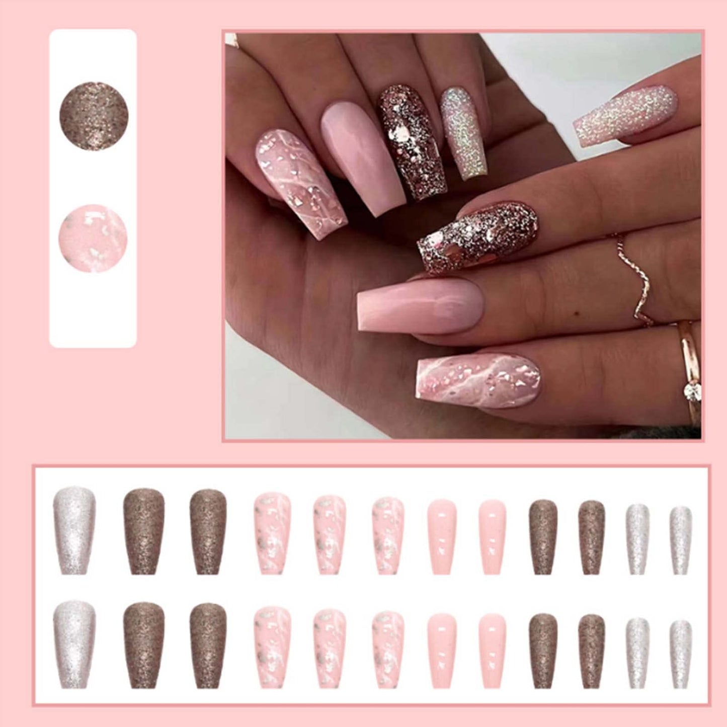 YoYoee Long Coffin False Nails Marble Nails Press on Nails Bling Fake Nails Acrylic Ballerina Nails Tips for Women and Girls 24PCS