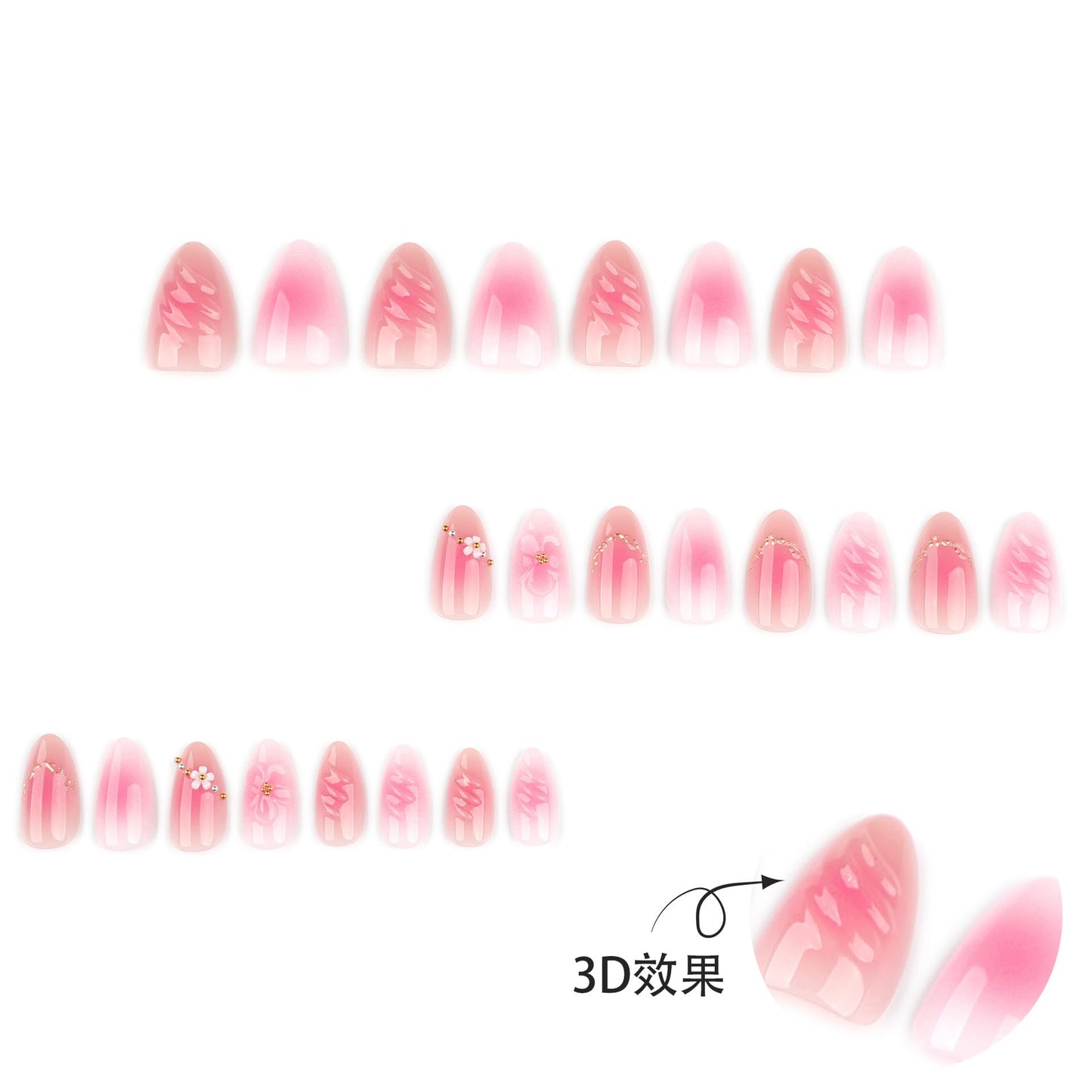 XZMeiLun 3D Flower Press On Nails Short Almond – Pink White Ombre Gold Line Designs, Acrylic Reusable Fake Nails with Adhesive Tabs Glue, Salon Quality Nail Press Ons - Nail Kit for Women Manicure