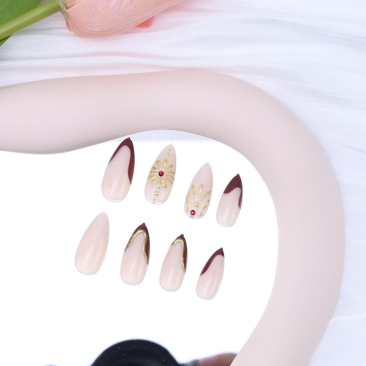 3D Gold Irregular Lines Press on Nails Medium Almond Press on Red French Tip Fake Nails Golden Sun False Nails with Shiny Rhinestones Design Artificial Nails Glossy Glue on Nails for Women Nails 24Pcs