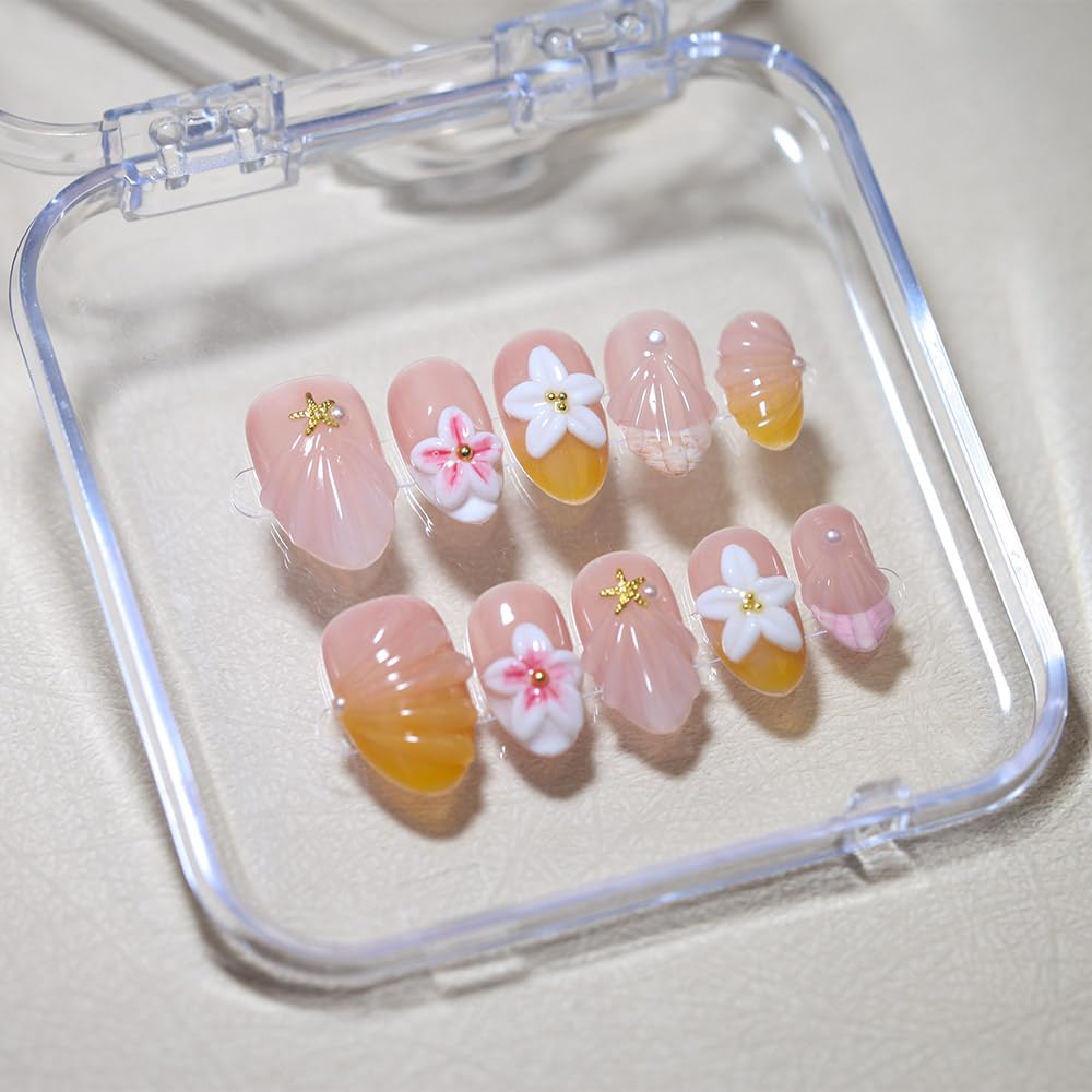 10Pcs Short Almond Handmade Press On Nails | Nude Pink & Yellow Ombre with 3D Seashell, Flower & Starfish Decor | Reusable Salon-Quality Fake Nails for Women and Girls (25902, XS)