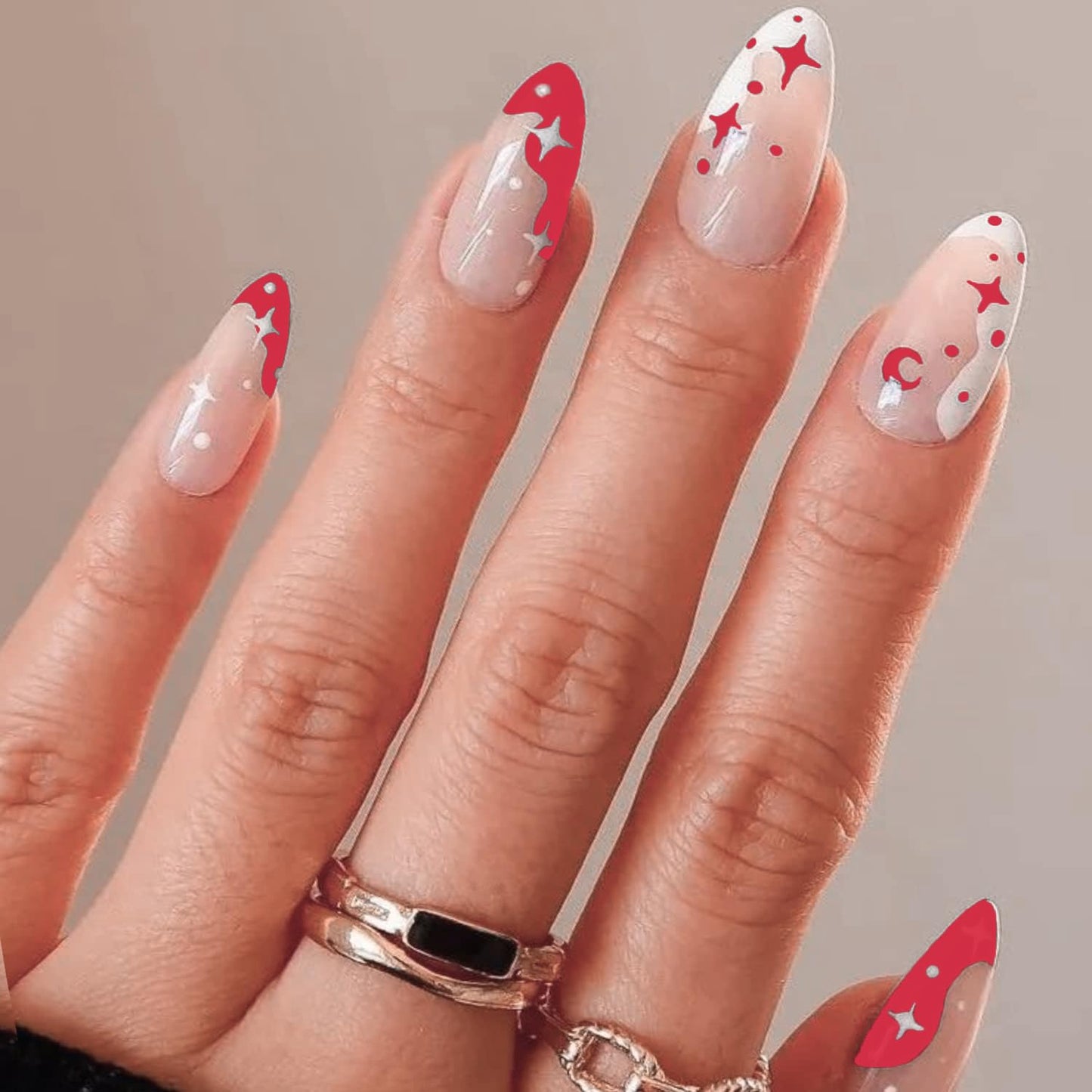 GLAMERMAID Nude Pink Press on Nails Medium Almond, Black White French Tip Stiletto Stick on Fake Nails for Women Gift, Nude Press on Nails Medium Almond， Glitter Star Short Oval Glue on Nails Gel