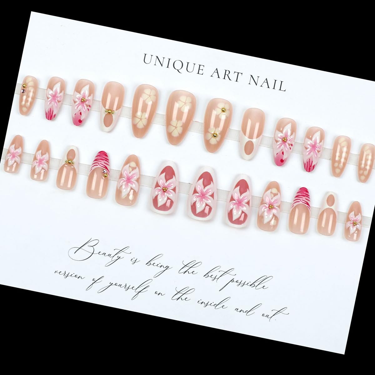 24Pcs Pink Flower Press on Nails Medium Almond Fake Nails 3D Floral with Gold Pearl Glossy Glue on Nails French Tip False Nails Cute Summer Stick on Nails for Women Girls Acrylic Manicure Salon Tips