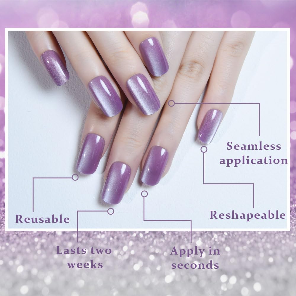 XZMeiLun Cat Eye Lavender Purple Press On Nails Medium Long Length Square, Designer Reusable Acrylic Fake Nail, Glossy Gel Nails Wedding Party, Stick On Glue On Nail, Nails Press Ons for Women
