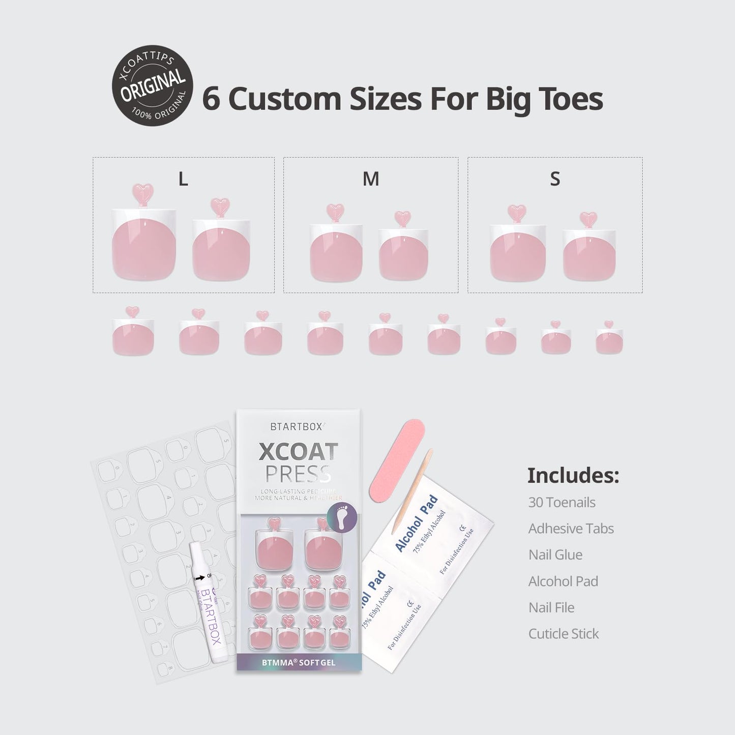 BTArtbox Press On Toenails - Lamp-Curable Sharp Square Toe Nail Press Ons with Glue for Women, Semi-Transparent French Tip Fake Toe Nail Tips in 15 Sizes - 30 Toenails Kit, Ma'am