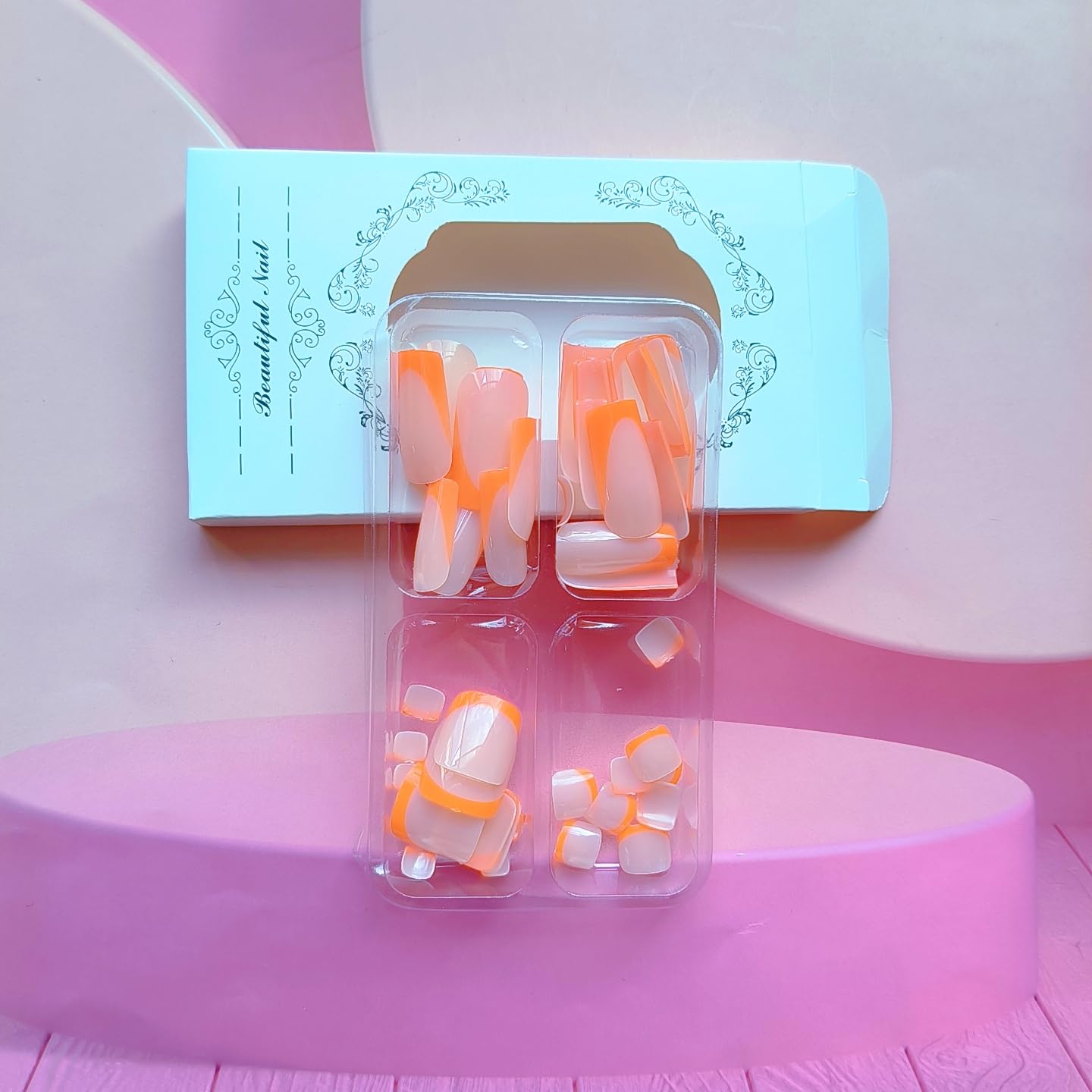 48Pcs Orange French Tip Press on Nails Short & Press on Toenails Set - Medium Fake Nails Press ons Nail Art Tips Cute Glue on Nails Full Cover Nude Fake Toe Nail with Glossy Design Acrylic Nail Kit