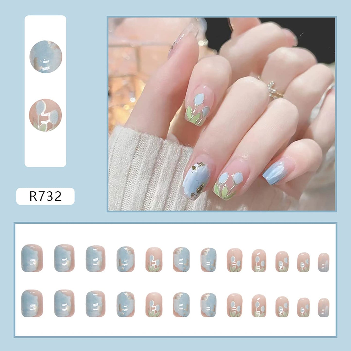 24PCS Full Cover Reusable False Nails Kits, Press on Nail Short Square Glue on Nails with Blue Tulip Flower Designs Artificial Glossy Finger Acrylic Fake Nails for Women Stick on Nails Coffin Shape
