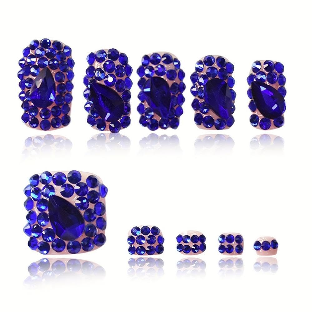 Diamond Press on Nails Short Square Press on Toenails Medium Square Fake Nails with Blue Rhinestone Design Glossy Skin Tones False Toenails Reusable Full Cover False Nails for Women Manicure 48Pcs