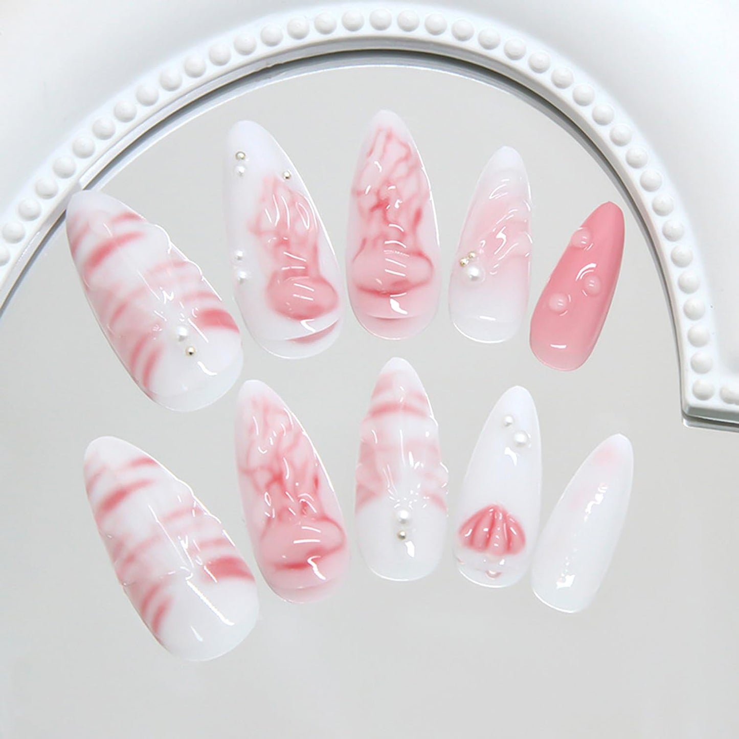 24PCS Summer Press on Nails Almond Fake Nails with 3D Shell Pattern Jellyfish Pearl Press on Fake Nail Full Cover Stick on Nails Handmade Press on Nails Art Decoration for Women