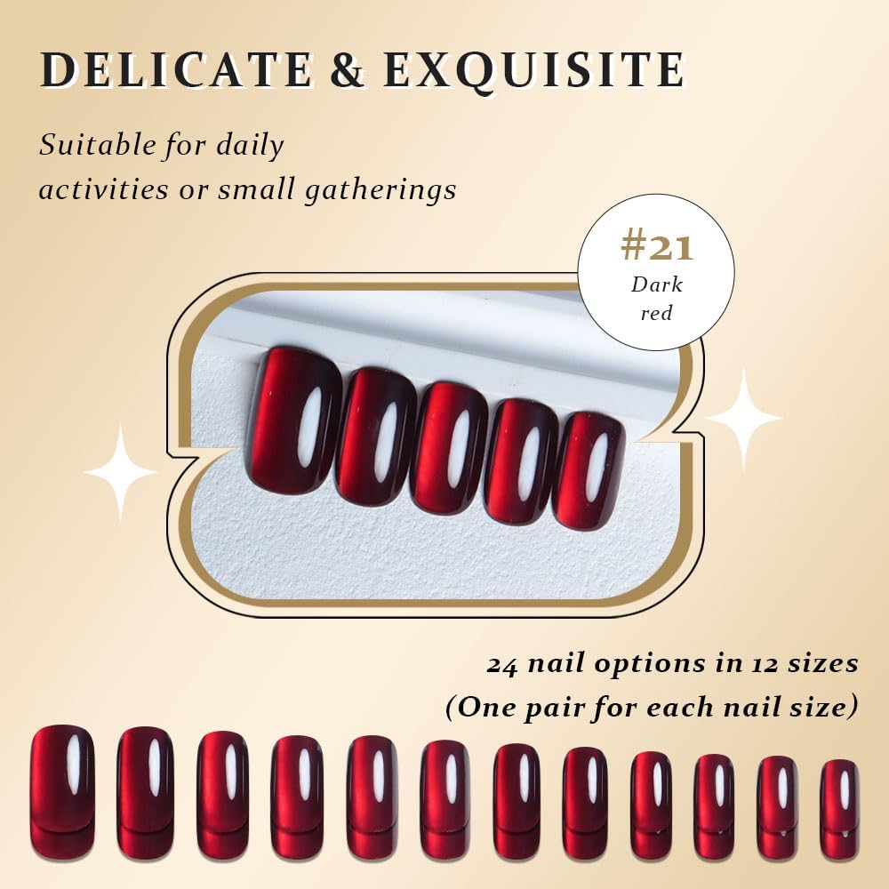 XZMeiLun Deep Red Press On Nails - Cat Eye Medium Square Magnetic Acrylic Fake Nails, Stylish Design, Salon-Quality Shiny Finish, Reusable Stick On Nails Kit for Women, Daily Wear (No Glue Included)