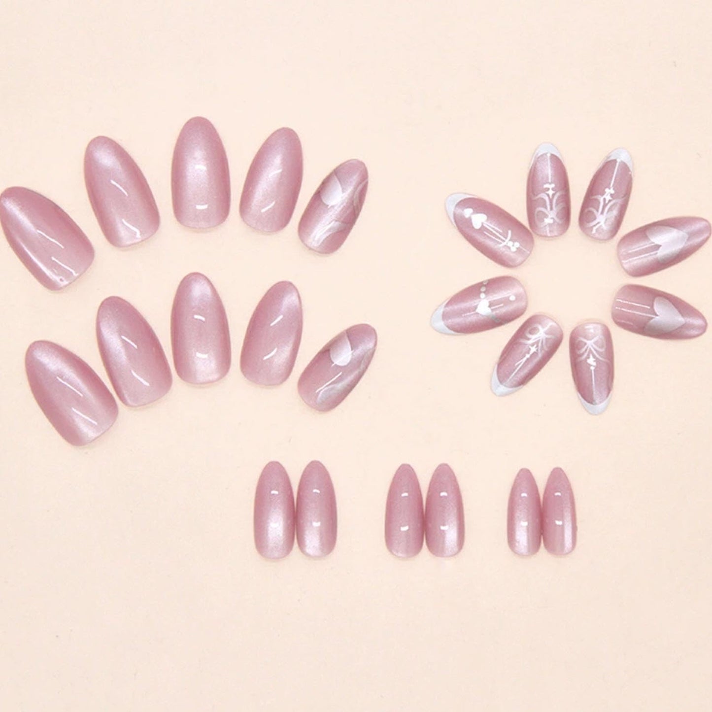 Hkanlre Almond Fake Nails Tips Shiny French Press on Nails Medium Full Cover Cat Eyes Pink False Heart Nails for Women 24PCS