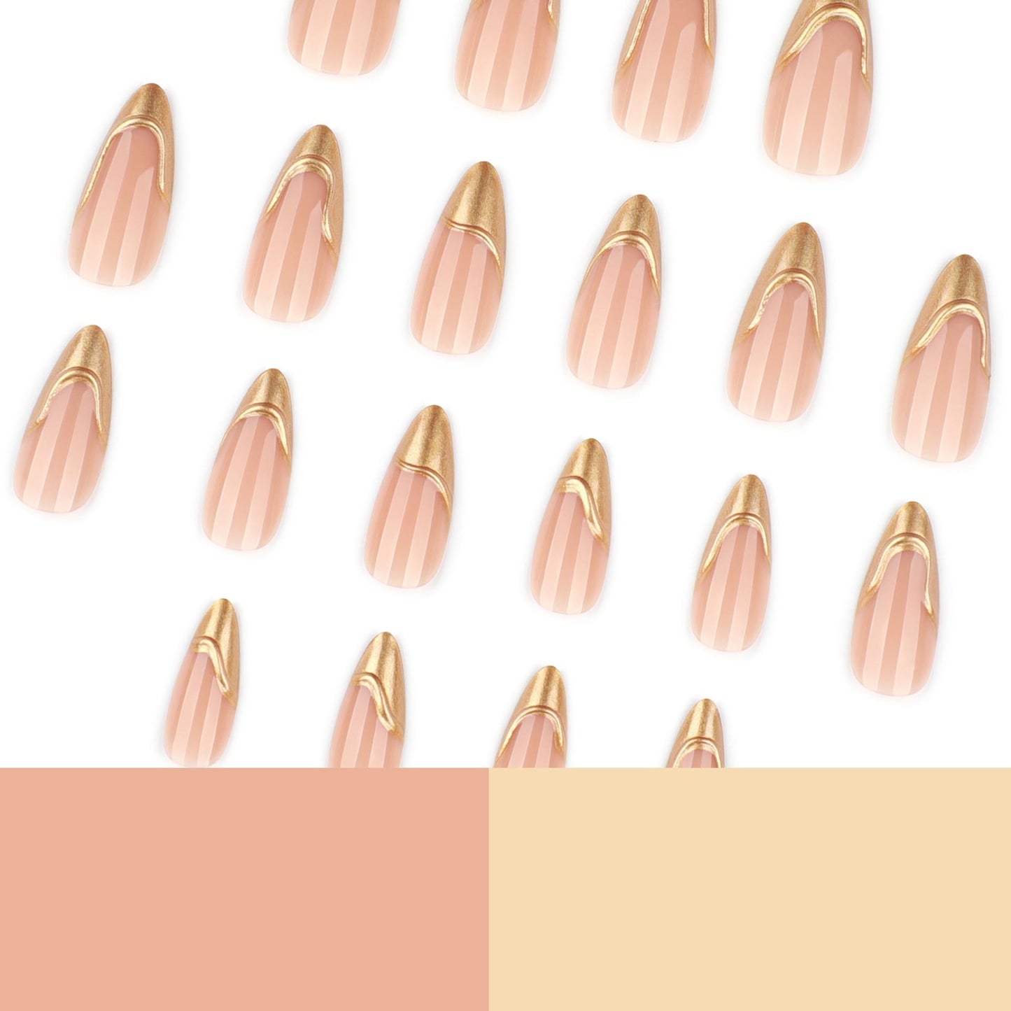 Medium Press on Nails Almond - Gold Fake Nails with 3D Design - French Tip False Nails Press ons - for Women 24 Pcs