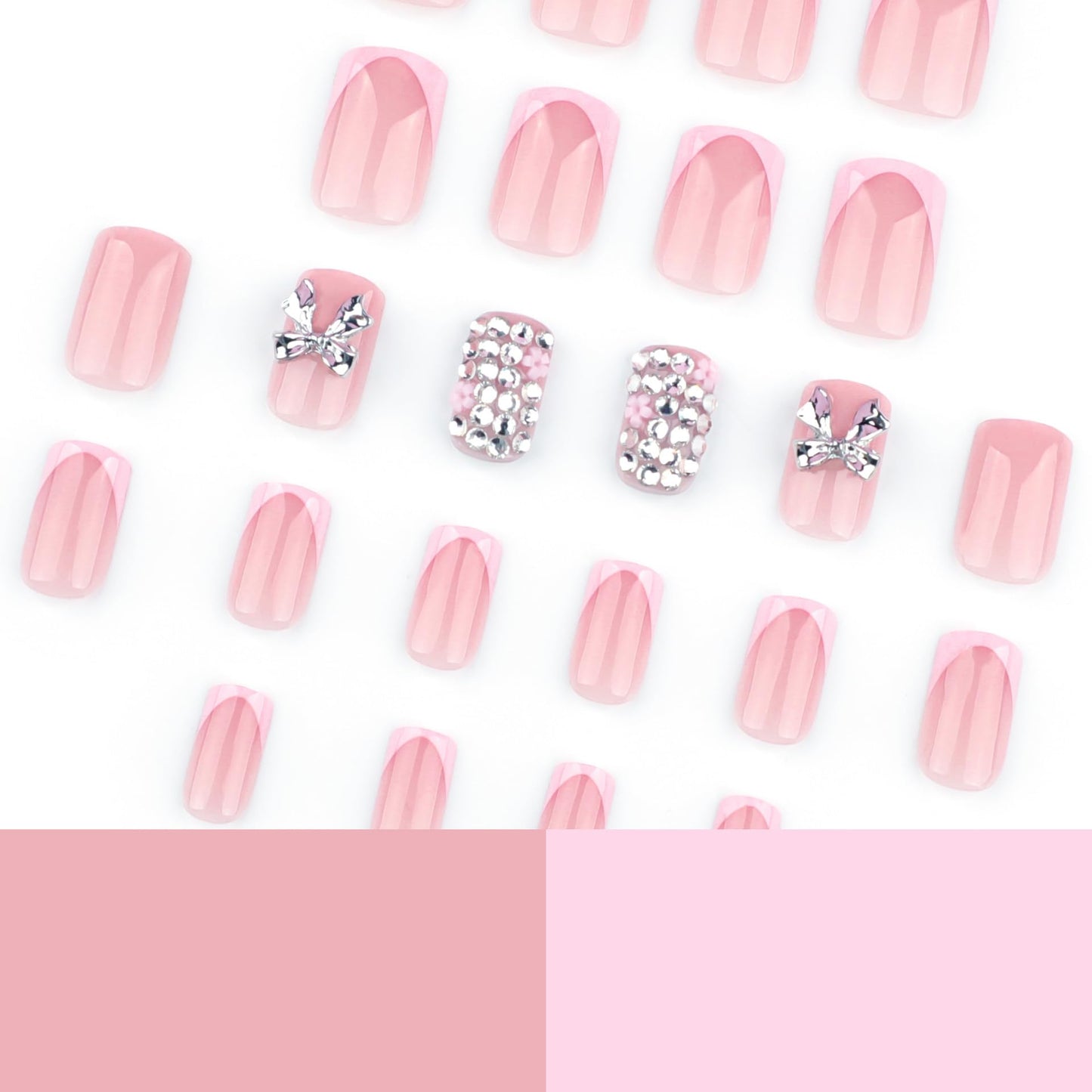 Short Press on Nails Square - Pink French Tip Fake Nails with Silver Bow Design - Rhinestone, Glossy Full Cover Stick on False Nails - for Women 24 Pcs