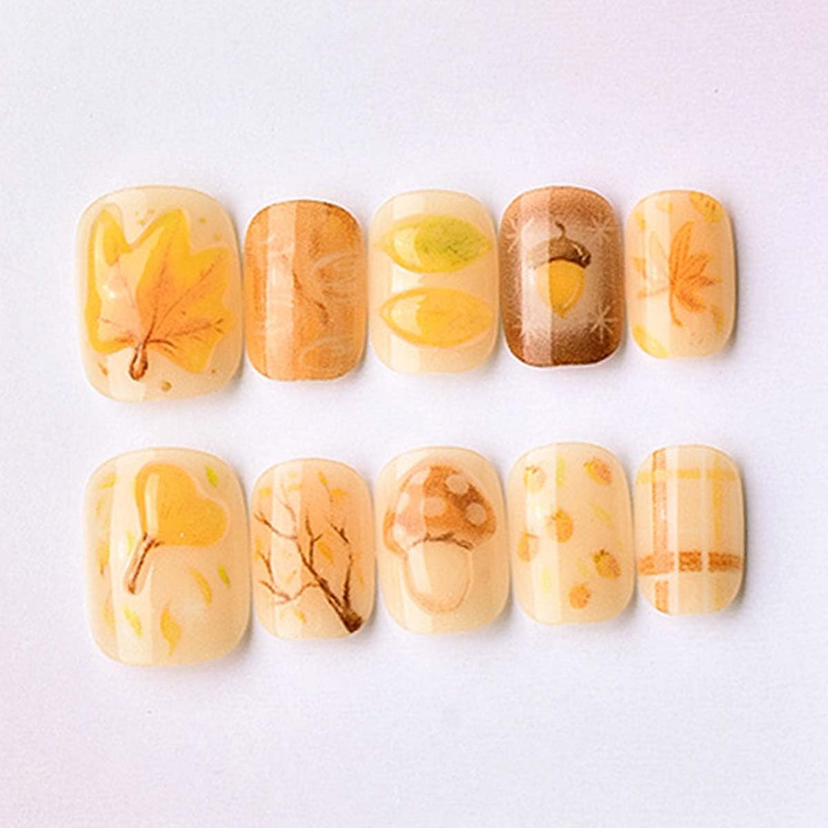 Fall Press on Nails Short Square Fake Nails Autumn Yellow Nails Press ons with Maples Mushroom Acorn Design,Reusable Artificial Nail Full Cover Glue on Nail Stick on Nails for Women Manicure 24 Pcs
