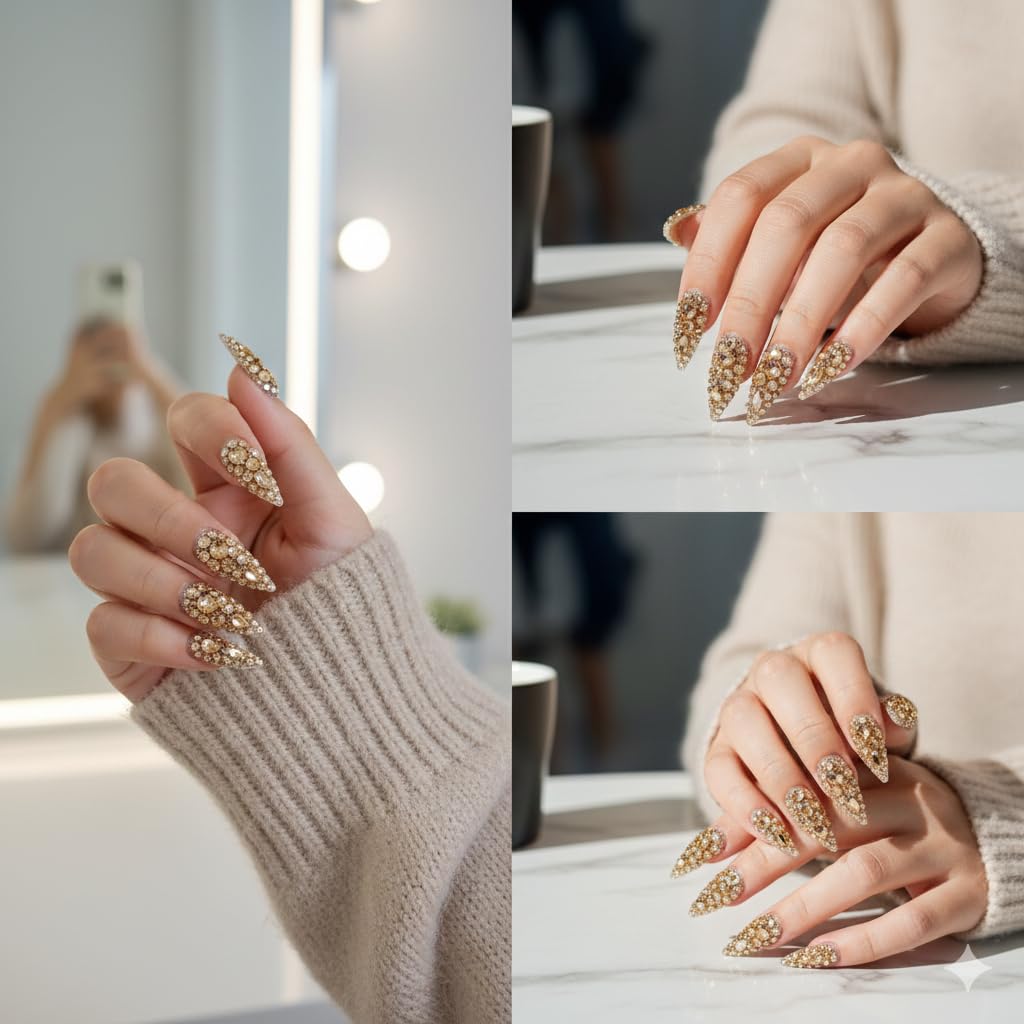MNAFAYY Luxury Gems 100% Handmade Nails Gold Long Stiletto Press On Nails Full Cover 3D Rhinestone Crystal Gorgeous Reusable UV Finished Fake False Nails Acrylic Nail Kit With Box Gifts for Women L
