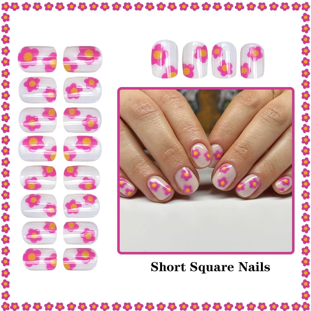 Flower Press on Nails Short Square Fake Nails with Rose Pink Floral Design Glossy Skin Tones Glue on Nails Daisy Nails Press ons Reusable Full Cover Spring Acrylic Nails for Women Manicure 24Pcs