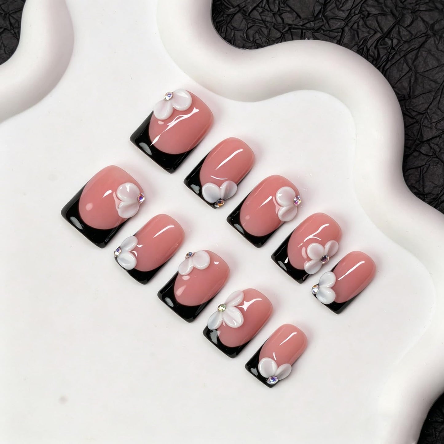 White Flower Press on Nails Handmade Black French Tip Fake Nails with Designs 3D Floral & Rhinestone Accents Short Square Handmade Salon Quality Thick Acrylic Nail Stick on Nails for Women (M）