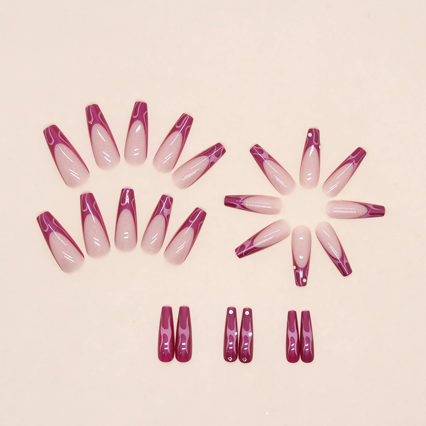 BABALAL Long Coffin Ballerina Press on Nails, Pink French Acrylic Glue on Nails with Shiny Rhinestone Chrome Glitter 24 Pieces for Women and Girls