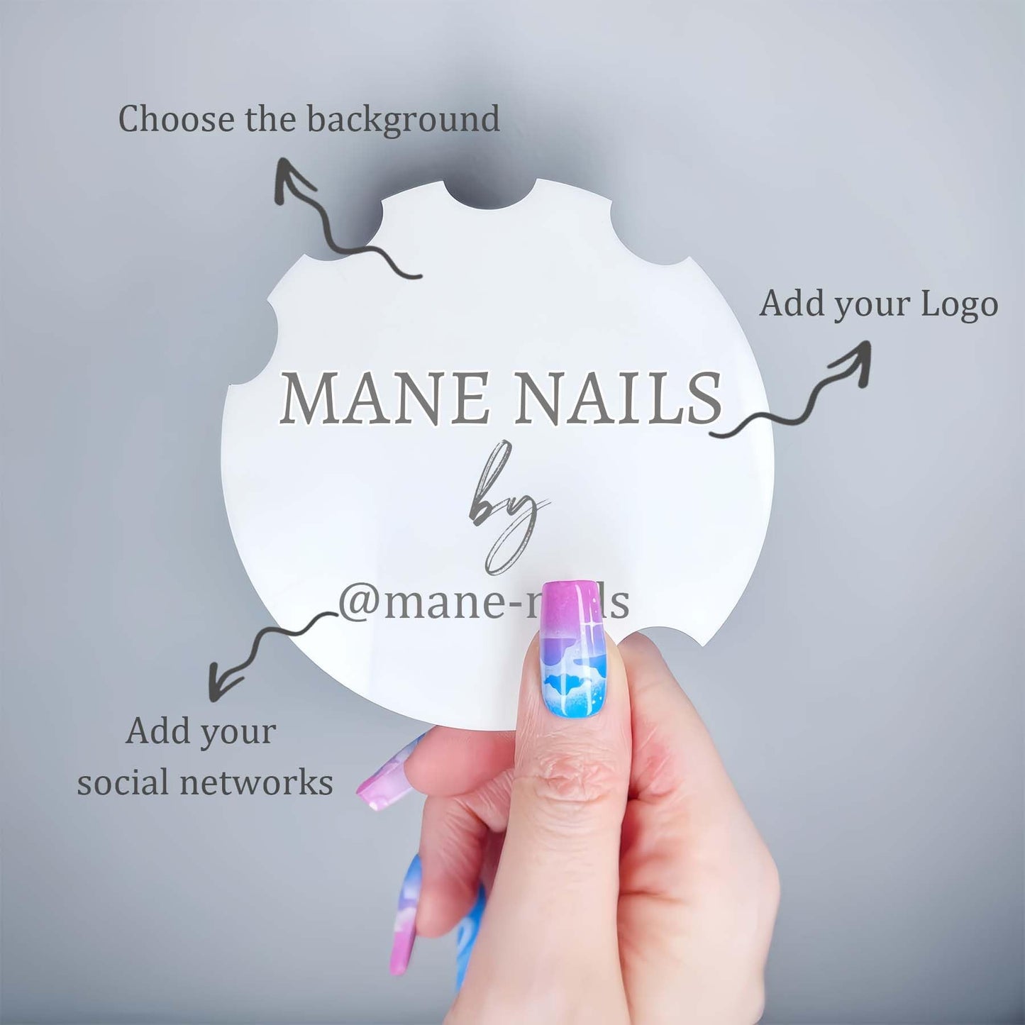 zyinoant 2Pcs Custom Nail Picture Props Personalized Logo Nail Tech Decor Acrylic Nailfie Disk with Social Media Salon Nail Display Stand Nail Polish Display Gifts for Nail Artist (Round)