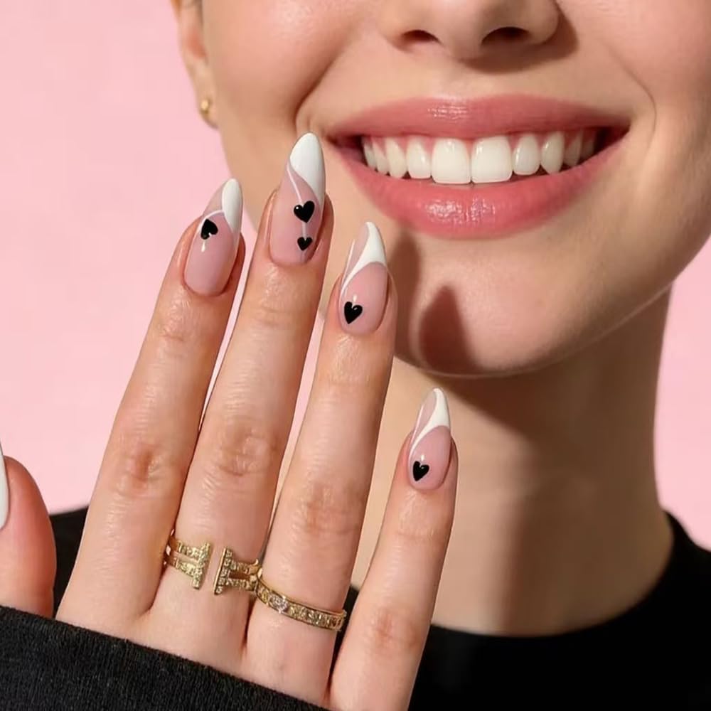 FJSMTOPl Valentine Press on Nails - Love Heart Fake Nails - Almond False Nails Press ons - French Tip Acrylic Glue on Nails - Artificial Stick on Nail for Women Manicure 24 Pcs