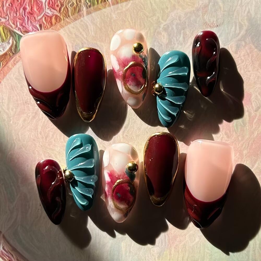 MAGLFELL Fall Press On Nails - Handmade GEL Medium Length Almond Fake Nails, Brown Rendering Painting Design, Reusable Artificial Almond False Nails for Women 10 Pcs Acrylic Nails Kit (Size S)